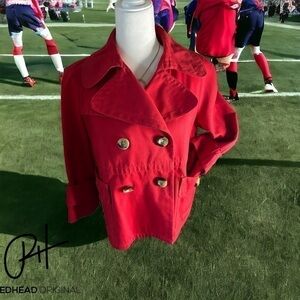 🟡Zara basic denim pea coat red size large lined with great oversized buttons